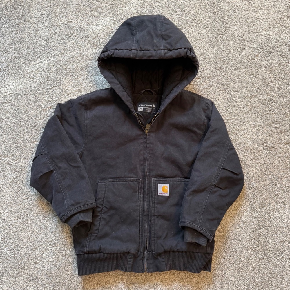 Carhartt Youth Small 7-8 Black Canvas Quilted Lined Hooded Active Jacket